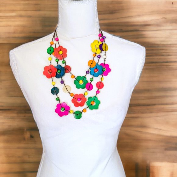 Jewelry - Costume Wooden Colorful Floral 3 String Necklace